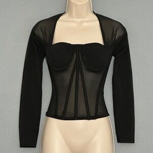 My‎ Boo Womens Top S Black Sheer Mesh Corset Boned Underwire Sexy Dark Fairy Y2K